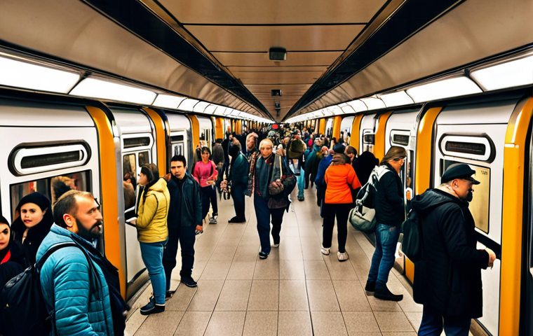 **Prompt:** A crowded Budapest metro station during rush hour, emphasizing the mix of locals and tourists, focusing on diverse faces and modern clothing. The overall tone is busy but safe.