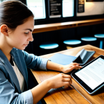 A focused individual, fully clothed in modest, smart casual attire, sitting at a wooden table in a well-lit, cozy cafe. They are looking at an open language learning app on a tablet, with a traditional Hungarian dictionary beside it. The background shows blurred cafe activity, suggesting a peaceful learning environment. The scene captures a sense of quiet determination and intellectual curiosity. perfect anatomy, correct proportions, natural pose, well-formed hands, proper finger count, natural body proportions, safe for work, appropriate content, fully clothed, professional, high quality, detailed, realistic photography.