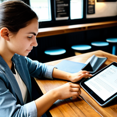 Home 19 A focused individual, fully clothed in modest, smart casual attire, sitting at a wooden table in a well-lit, cozy cafe. They are looking at an open language learning app on a tablet, with a traditional Hungarian dictionary beside it. The background shows blurred cafe activity, suggesting a peaceful learning environment. The scene captures a sense of quiet determination and intellectual curiosity. perfect anatomy, correct proportions, natural pose, well-formed hands, proper finger count, natural body proportions, safe for work, appropriate content, fully clothed, professional, high quality, detailed, realistic photography.