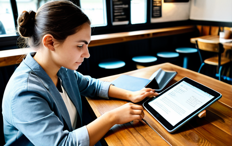 A focused individual, fully clothed in modest, smart casual attire, sitting at a wooden table in a well-lit, cozy cafe. They are looking at an open language learning app on a tablet, with a traditional Hungarian dictionary beside it. The background shows blurred cafe activity, suggesting a peaceful learning environment. The scene captures a sense of quiet determination and intellectual curiosity. perfect anatomy, correct proportions, natural pose, well-formed hands, proper finger count, natural body proportions, safe for work, appropriate content, fully clothed, professional, high quality, detailed, realistic photography.