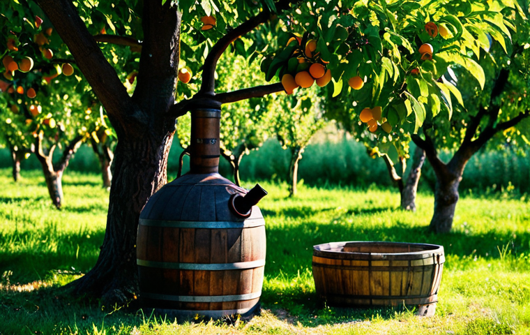 Traditional Palinka Still**
"A rustic, copper palinka still nestled in a sun-drenched Hungarian orchard. Apricot trees heavy with fruit surround the still. Steam rises gently, hinting at the distilling process. Focus on the textures of aged wood and gleaming copper. Atmospheric lighting. Safe for work, appropriate content, fully clothed, professional."
**
