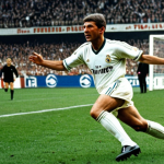 헝가리 유명 인물 - **Ferenc Puskás:** "A dynamic action shot of Ferenc Puskás, the legendary Hungarian footballer, in h...